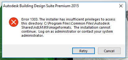 错误1303。安装程序没有足够的权限访问此目录：C:\... error 1303